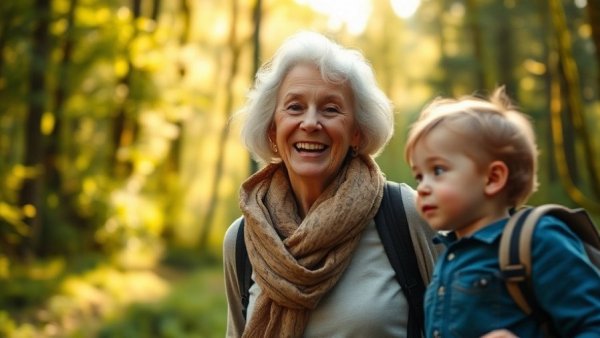 Immigrant senior woman enjoying a nature walk with a child.