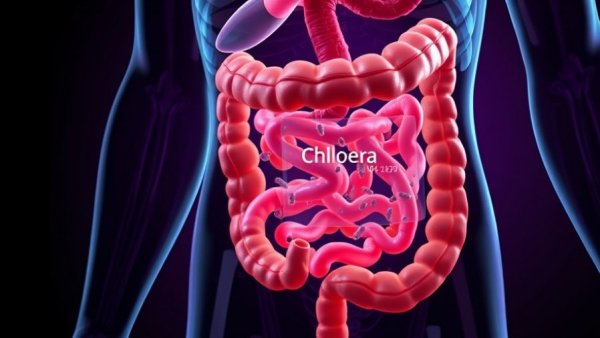 Anatomical illustration of intestines showing cholera infection.