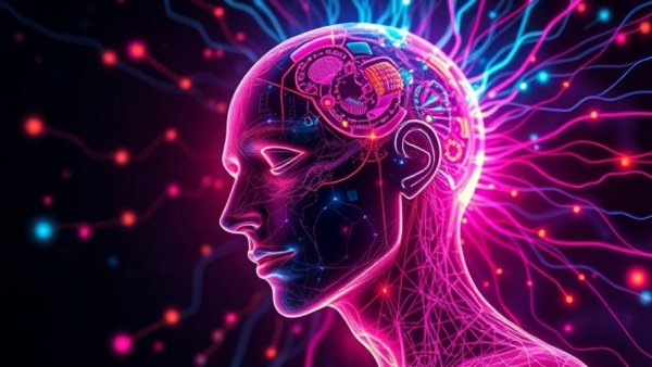 Abstract digital head in neon colors emanating energy, representing 7 days of meditation rewiring brain.