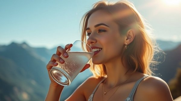 Relaxed woman hydrating outdoors against mountain scenery.