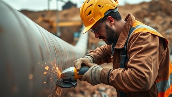 Construction worker grinding pipeline outdoors, symbolizing rising gas utility bills.