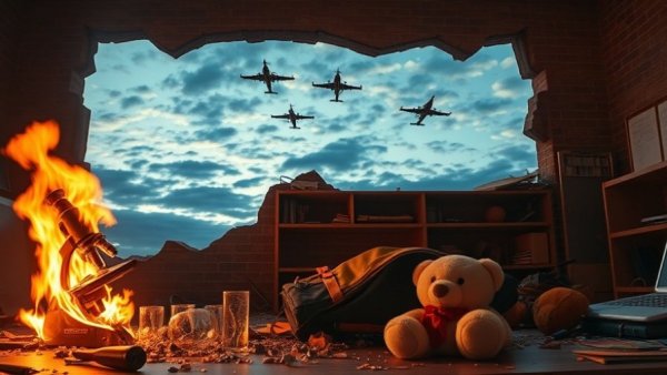 Dramatic depiction of devastation after U.S.-Israeli strikes on an Iranian university classroom.