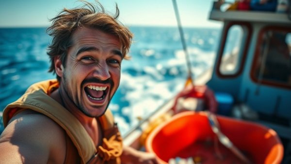 Enthusiastic person cleaning ocean rubbish on a boat, sunny day with ocean backdrop.