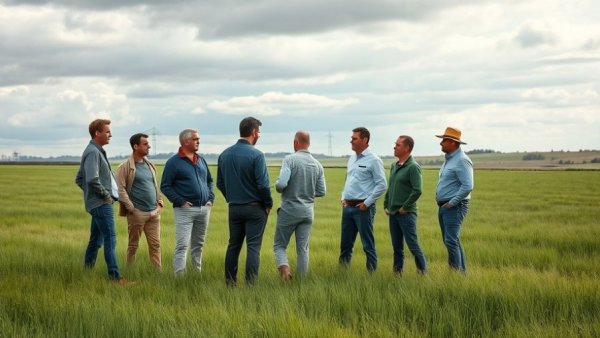 Group of professionals discussing in grassy field under cloudy sky. USDA staff cuts.