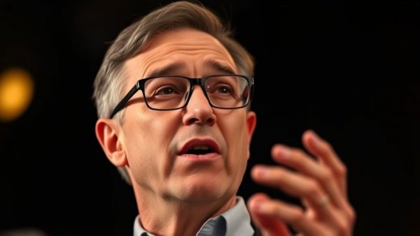 Man speaking expressively on stage with gesturing hand