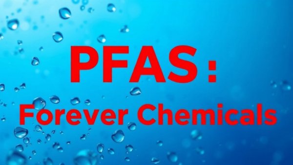 Water filter removes PFAS illustration with droplets and text.