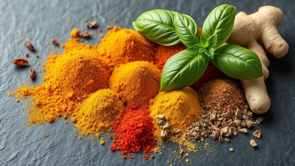 Boost anti-inflammation with spices: vibrant spice assortment with basil.