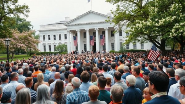 Diverse crowd gathered at a major event in front of a historic white building.