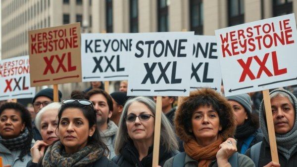 Protestors holding 'Stop Keystone XL' signs during a demonstration.