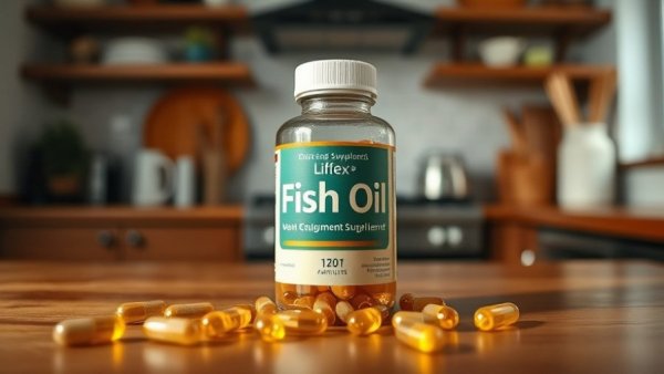 Close-up of fish oil supplement bottle with capsules, promoting health.