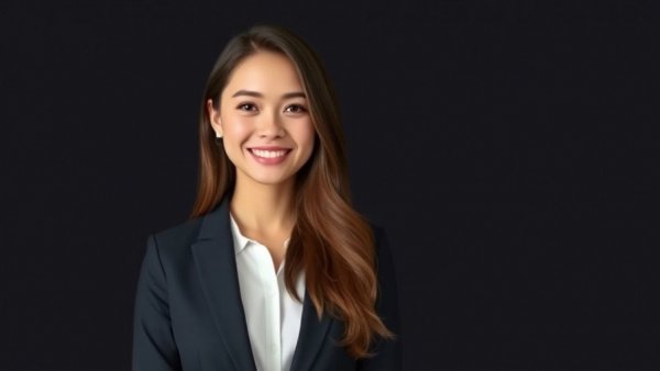 Young woman smiling against dark background.