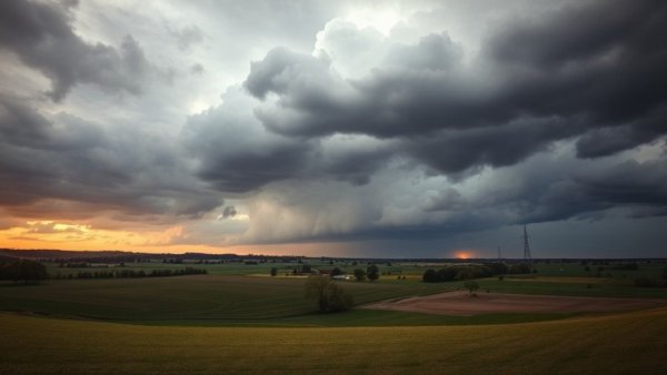 Ominous clouds over farm suggesting airborne toxins, rural setting.