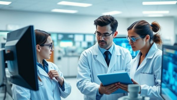 Scientists analyzing heart disease trials in a clinical setting.