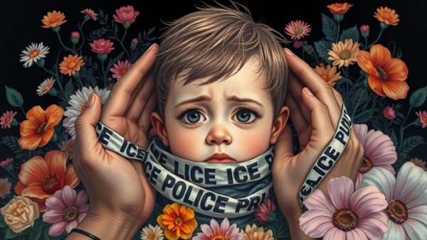 Artistic illustration of a child with protective hands and ICE tape, representing a law to protect immigrant children.