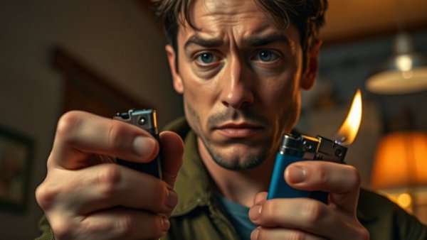 Concerned individual holding disposable lighters, symbolizing pollution impact.