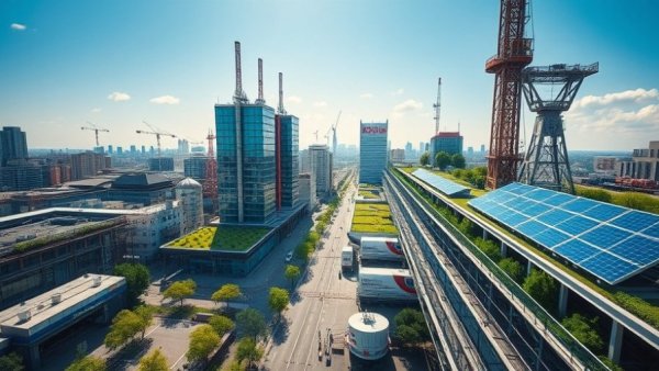 Futuristic cityscape showcasing sustainable architecture reflecting Jones Healthcare Group's Emissions Reduction Targets.