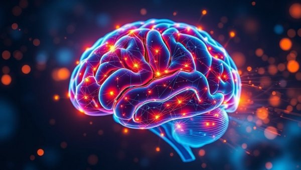 Futuristic digital brain radiating energy for mental sharpness productivity.