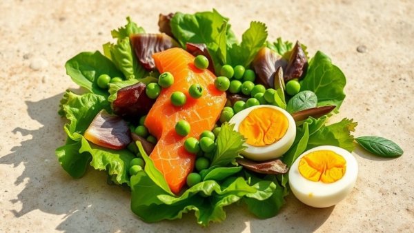 Spring produce salad with salmon and egg on stone plate.
