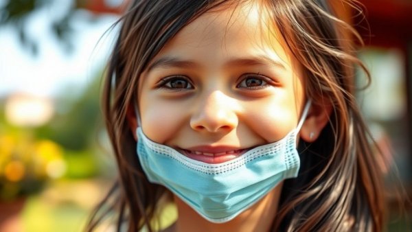 Young girl wearing a mask outdoors in a vibrant setting.