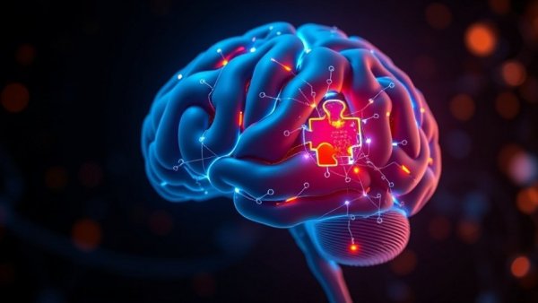 Illustration of a brain with missing piece visualizing brain repair.