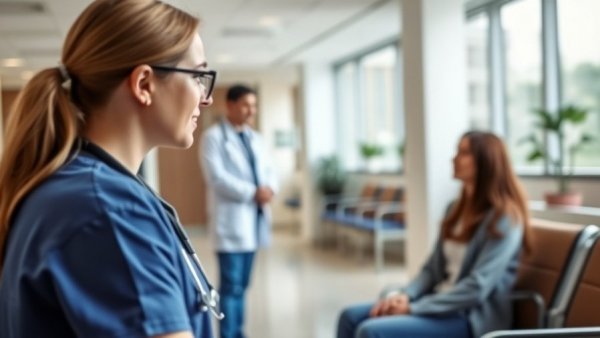 Healthcare professional observes woman in waiting area, breast cancer before 50.