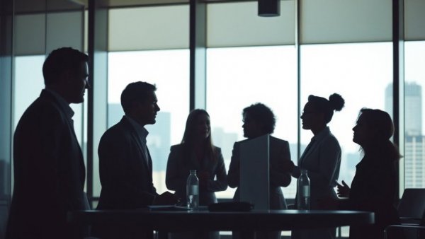 Diverse board of directors silhouette in modern conference room.