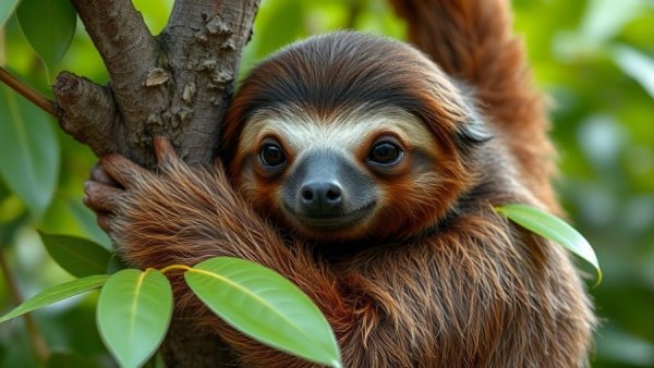 Curious sloth clings to tree in lush jungle, highlighting wild sloths deaths.