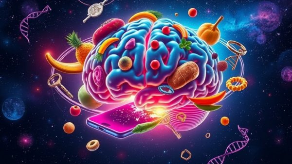 Illustration of brain and foods representing dopamine disruption.