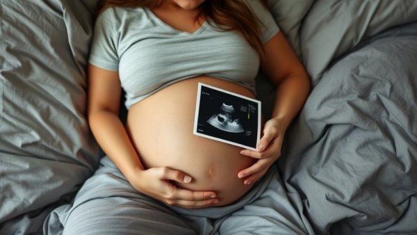 Pregnant woman with ultrasound photo contemplating US birth rate decline.