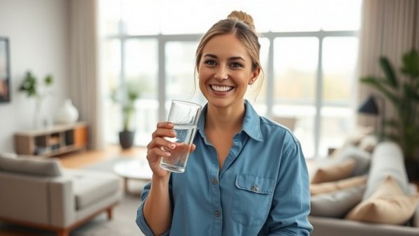 Woman enjoying sparkling water in a bright room, promoting weight loss.