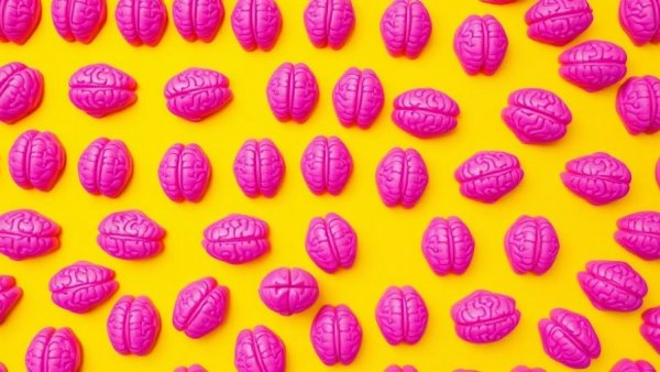 Pink brain models on yellow background, symbolizing brain health.