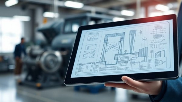 BluMetric water purification blueprint on tablet in industrial setting.