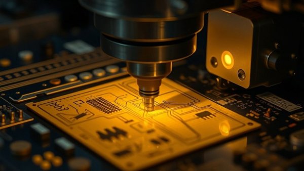 Precision machinery engraves on a yellow circuit board.