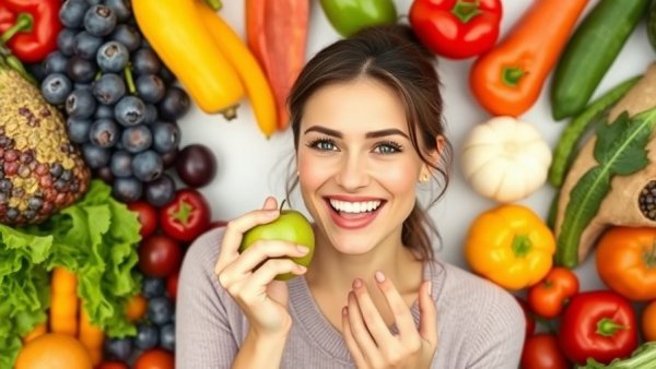 Young woman eating apple surrounded by fruits, illustrating health.