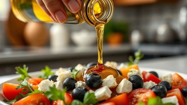 Extra virgin olive oil poured on salad with tomatoes and feta.
