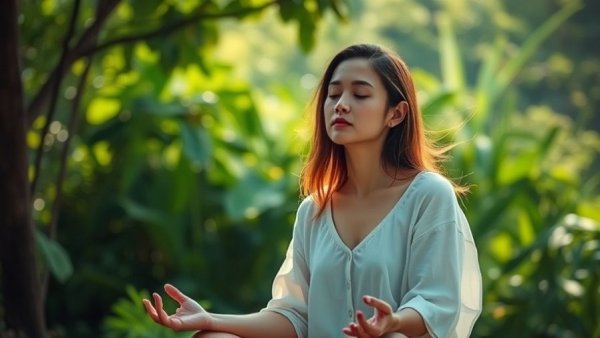 Serene woman in nature, peaceful meditation, ibogaine treatment.