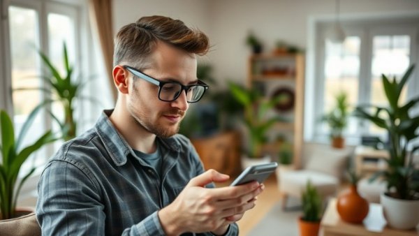 Man sitting on a sofa with smartphone in a cozy living room.