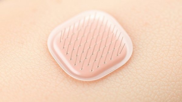 Transparent microneedle patch on skin, showing needle detail.