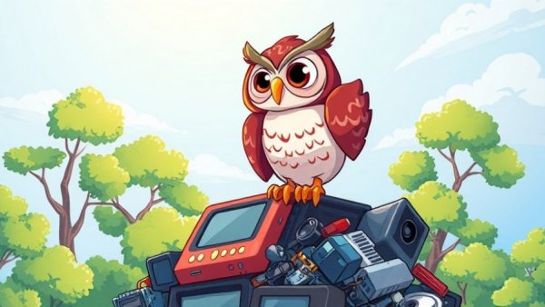 Earth Day electronics recycling poster with owl and tech items.