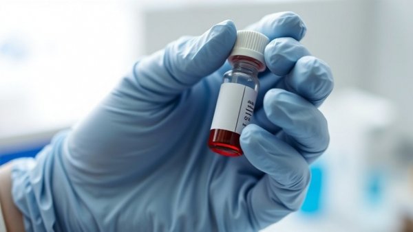 Close-up of a gloved hand holding a blood test vial for Alzheimer's early detection.