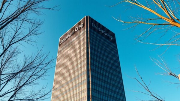 UnitedHealth Group building with clear sky and tree branches.