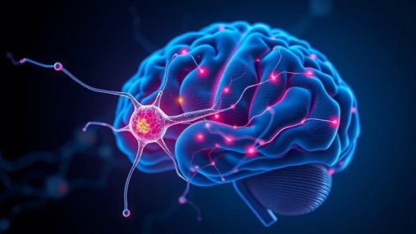 Illustration of brain and neuron connections; brain cells behind depression