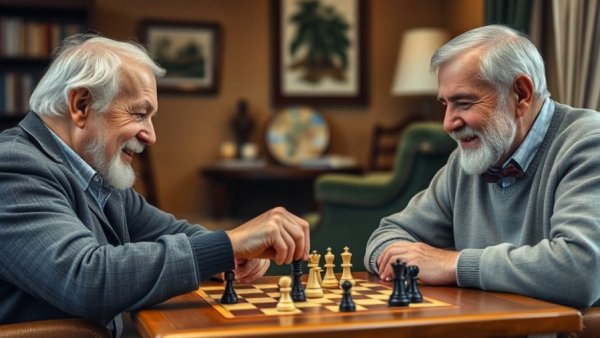 SuperAgers engaged in chess demonstrating memory abilities, warm atmosphere.