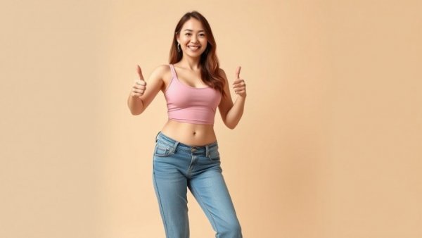 Fit woman showing weight loss progress with loose jeans.
