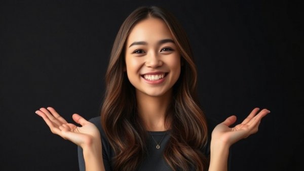 Smiling woman portrait, dark background, friendly expression