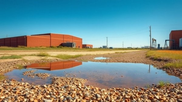 Texas oilfield leak causing large puddles near buildings.