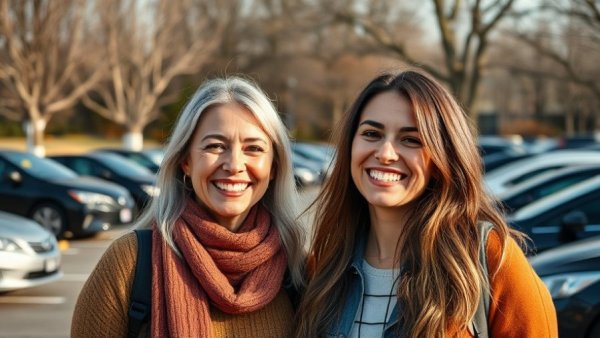 Two women smiling in a parking lot, SNAP work requirements context.