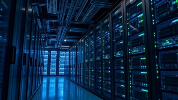 AI data center with glowing servers indicating capacity expansion.