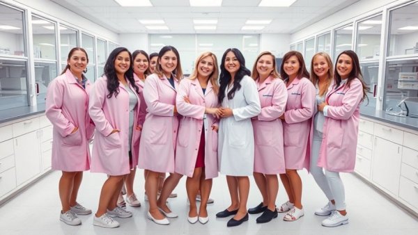 Women in pink and white lab coats celebrating Mary Kay Women in STEM Day in lab.