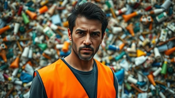 Plastic Waste Crisis highlighted by a man in orange vest.